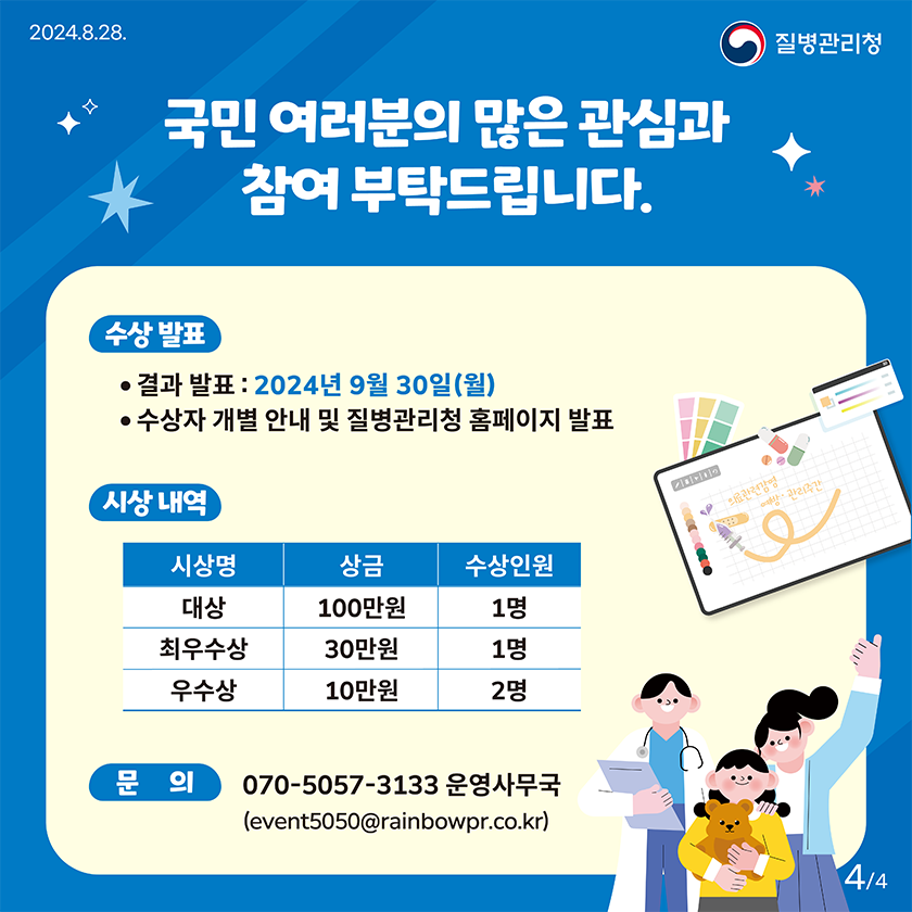 수상 발표 ㅇ 결과 발표: 2024년 9월 30일(월) ㅇ 수상자 개별 안내 및 질병관리청 홈페이지 발표 시상 내역 ㅇ 대상(1명): 100만원 ㅇ 최우수상(1명): 30만원 ㅇ 우수상(2명): 각 10만원 문의 070-5057-3133 운영사무국 (event5050@rainbowpr.co.kr)